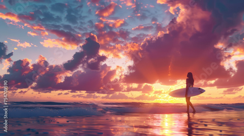 A contemplative surfer walks along the beach, the waves reflecting the vibrant tones of the sunset sky © road to millionaire