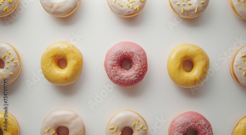 Donuts with colorful glaze and sprinkles on a pink background. pink and yellow donuts on a white background