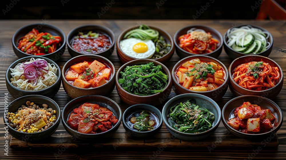 Variety of Korean food Served on the dining table Suitable for illustrations, articles, or cooking content.