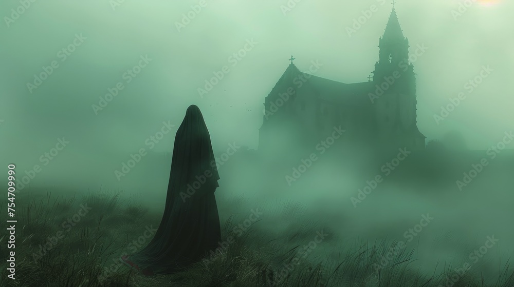nun in the fog near the church nun in the fog near the church
