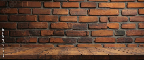 The table s wooden surface is empty behind a brick wall
