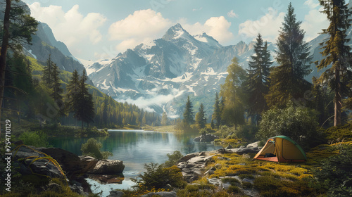A quiet escape, a tent sits by a calm alpine lake framed by forested mountains and a crystal-clear reflections photo