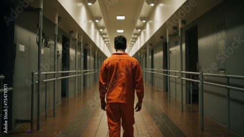 male prisoner in an orange jumpsuit walking down a prison hallway