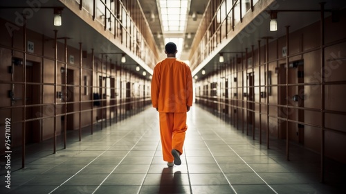 male prisoner in an orange jumpsuit walking down a prison hallway photo