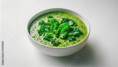 Vegetarian kale soup in a white bowl.