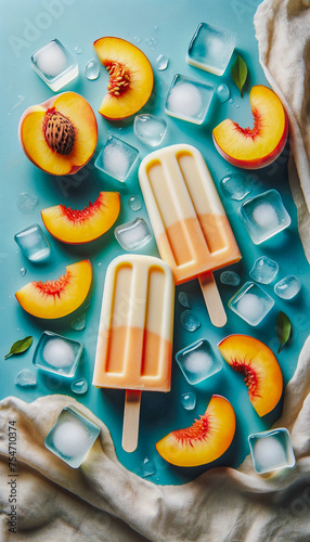 Peach popsicles on a blue surface with sliced peaches and ice cubes.