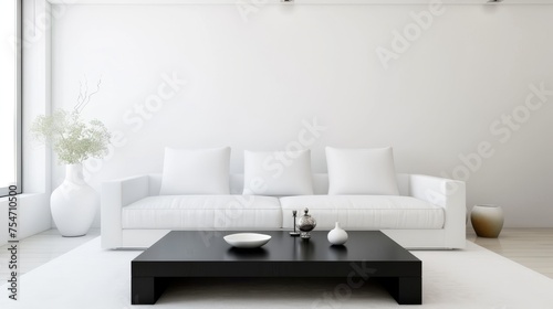 Minimalist Living Room with White Sofa and Black Coffee Table