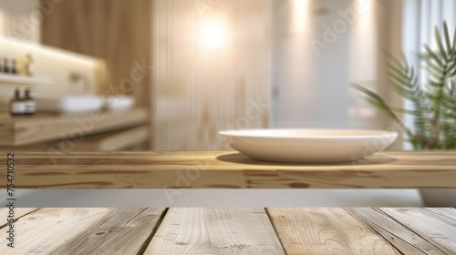 Empty table top with blurred bathroom background