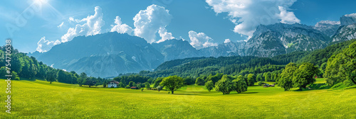 Beautiful green meadow with mountains in the background, a panoramic view of a sunny day with a blue sky, spring nature background