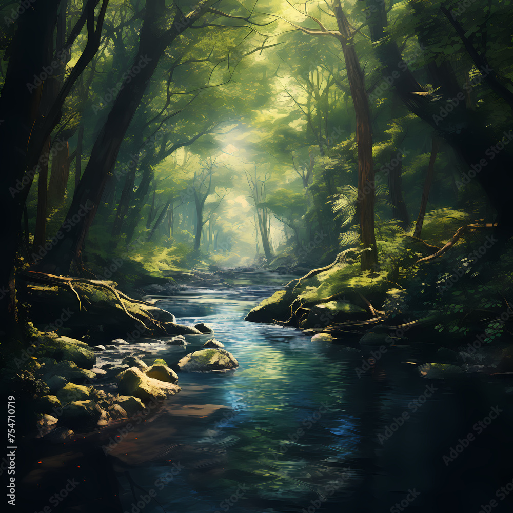 A tranquil river flowing through a lush forest.