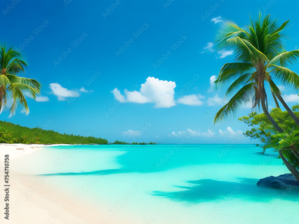 tropical paradise with palm trees, white sandy beaches, and turquoise ocean waters.