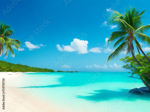 tropical paradise with palm trees  white sandy beaches  and turquoise ocean waters.