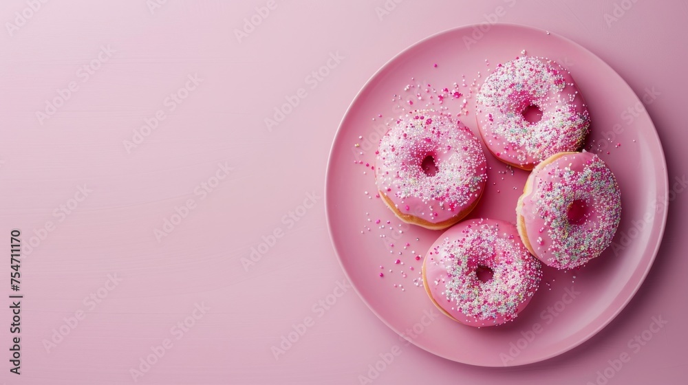 Pink donuts on a pink background with party tableware. Pink donuts on a pink plate isolated on a pastel background with copy space. donuts on a plate with a pink background featuring confetti Pink donuts on a pink background with party tableware. Pink donuts on a pink plate isolated on a pastel background with copy space. donuts on a plate with a pink background featuring confetti