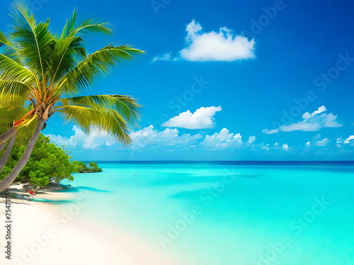 tropical paradise with palm trees, white sandy beaches, and turquoise ocean waters. © Best design template