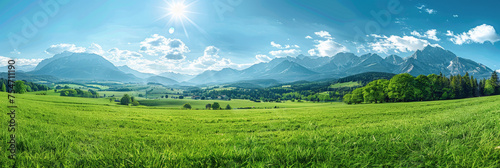 Beautiful green meadow with mountains in the background  a panoramic view of a sunny day with a blue sky  spring nature background
