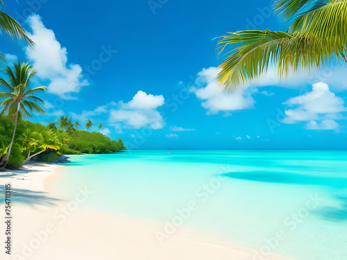tropical paradise with palm trees, white sandy beaches, and turquoise ocean waters. © Best design template