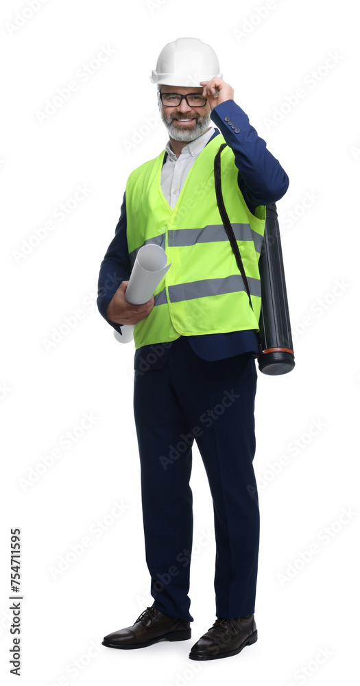 Architect in hard hat holding draft on white background Architect in hard hat holding draft on white background