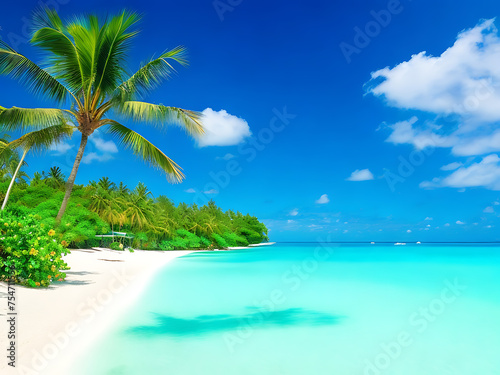 tropical paradise with palm trees  white sandy beaches  and turquoise ocean waters.