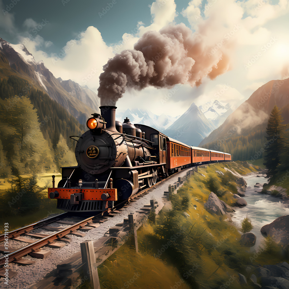 A vintage train traveling through a scenic landscape