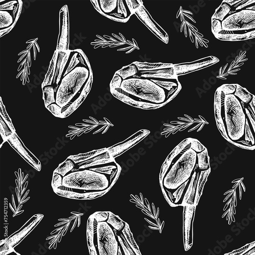 Hand-drawn vector seamless pattern of beef steak with rosemary, piece of meat on the bone. Doodle vintage sketch illustration on chalkboard background. Engraved image.