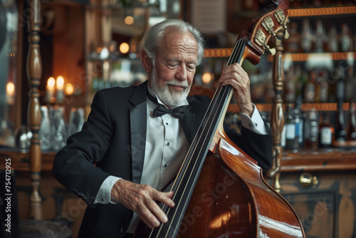 Elderly Gentleman in Tuxedo Playing Double Bass.