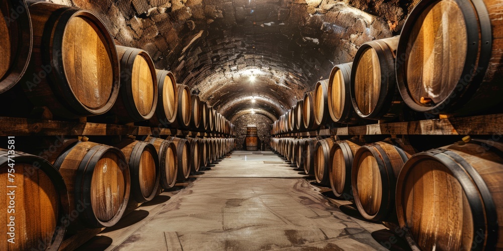 a wine cellar filled with wooden wine barrels