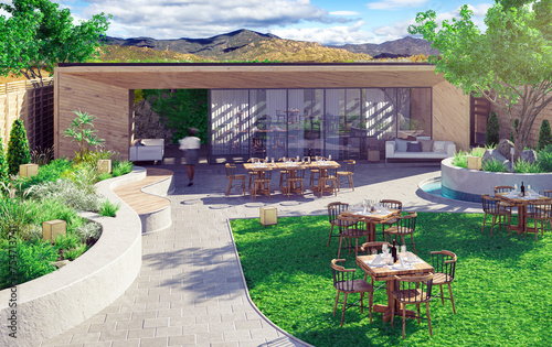 Project of an Outdoor Restaurant With Mountain Landscape in the Background - 3d visualization