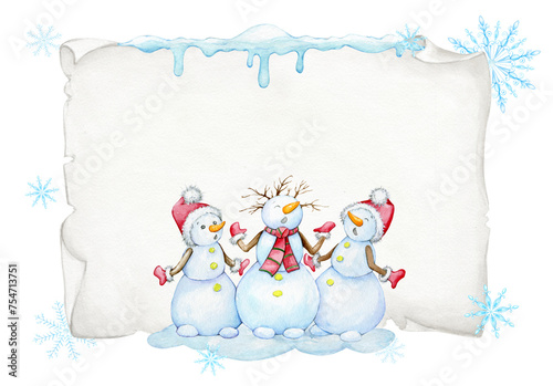 Funny snowmen on the background of a parchment banner and snowflakes. Watercolor clipart of a festive New Year's card. © Natalia