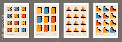 Set of minimalist 20s geometric design posters with primitive shapes