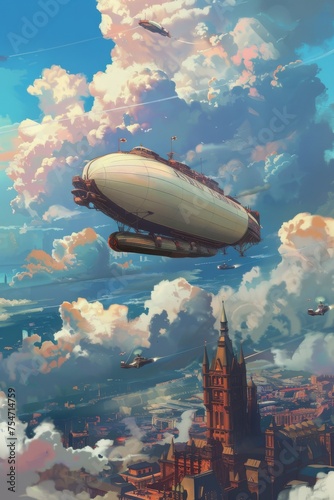 Airship Escapades Background centered around the thrilling airship escapades over the skies in summer steampunk airships fluffy clouds against a backdrop of blue created with Generative AI Technology