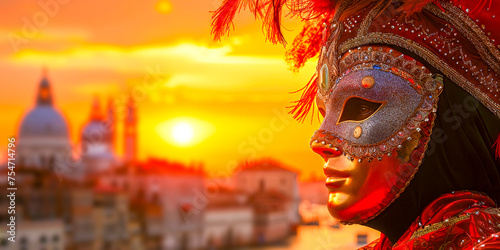 Sunset View with Venetian Mask and Cityscape.