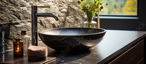 black marble round vessel sink and chrome faucet. Minimalist interior of modern bathroom