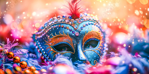 Vibrant Venetian Carnival Mask and Bokeh Lights.