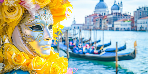 Yellow Venetian Mask and Gondolas on Canal.