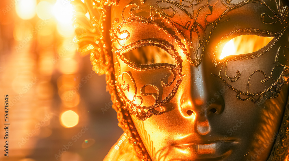 Golden Venetian Mask in Radiant Sunset Light.