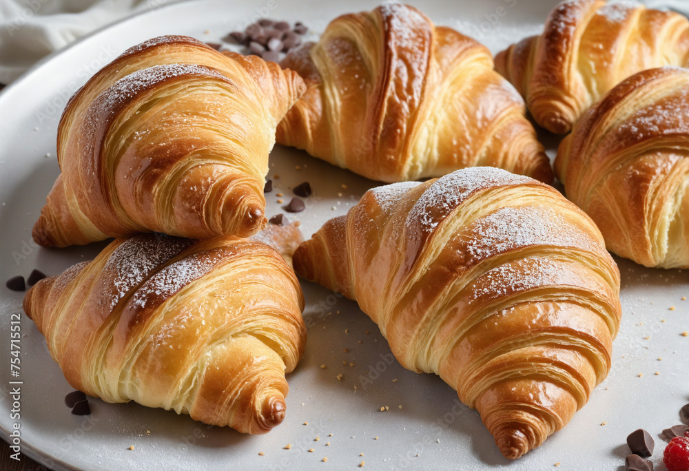 two croissants with chocolate six croissants on the white plate