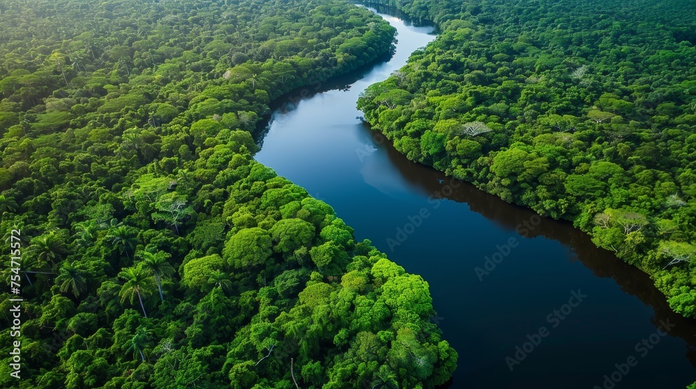 An expansive aerial view of a winding river cutting through lush forests