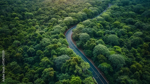 An expansive aerial panorama of a dense forest bisected