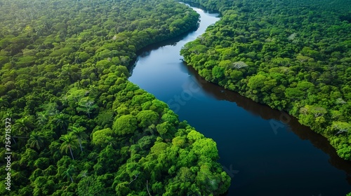 An expansive aerial view of a winding river cutting through lush forests