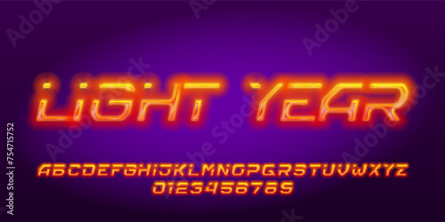 Light Year alphabet font. Neon color futuristic letters and numbers. Stock vector typescript for your design.