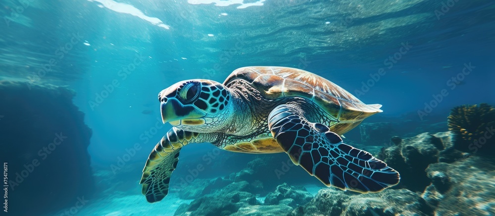 Obraz premium A sea turtle, identified as a large green species, is seen swimming in the tropical waters of the ocean. The turtle gracefully moves through the clear blue water, surrounded by vibrant coral reef
