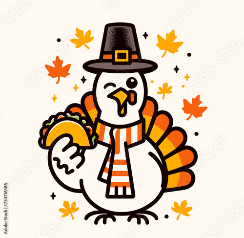 Thanksgiving design: turkey wear a pilgrim hat eat taco, surrounded by fall leaves. Funny and cool. Available in SVG and EPS vector formats.