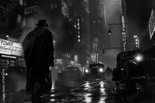 Noir Scene: Mysterious Man in Coat Walking Through Rainy City at Night