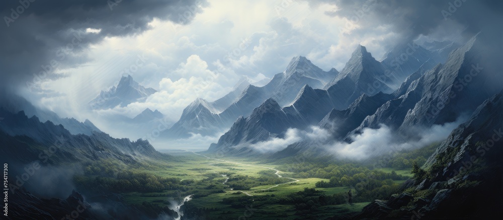 A painting depicting a grand mountain range under a dark blue sky, with a river meandering through the scene. The rugged peaks dominate the landscape, while the river gracefully flows through the