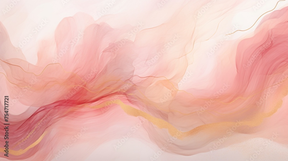 Abstract background with liquid delicate pastel pink watercolor, golden lines, streaks. Creative drawing with alcohol ink, smooth mesmerizing lines, waves.