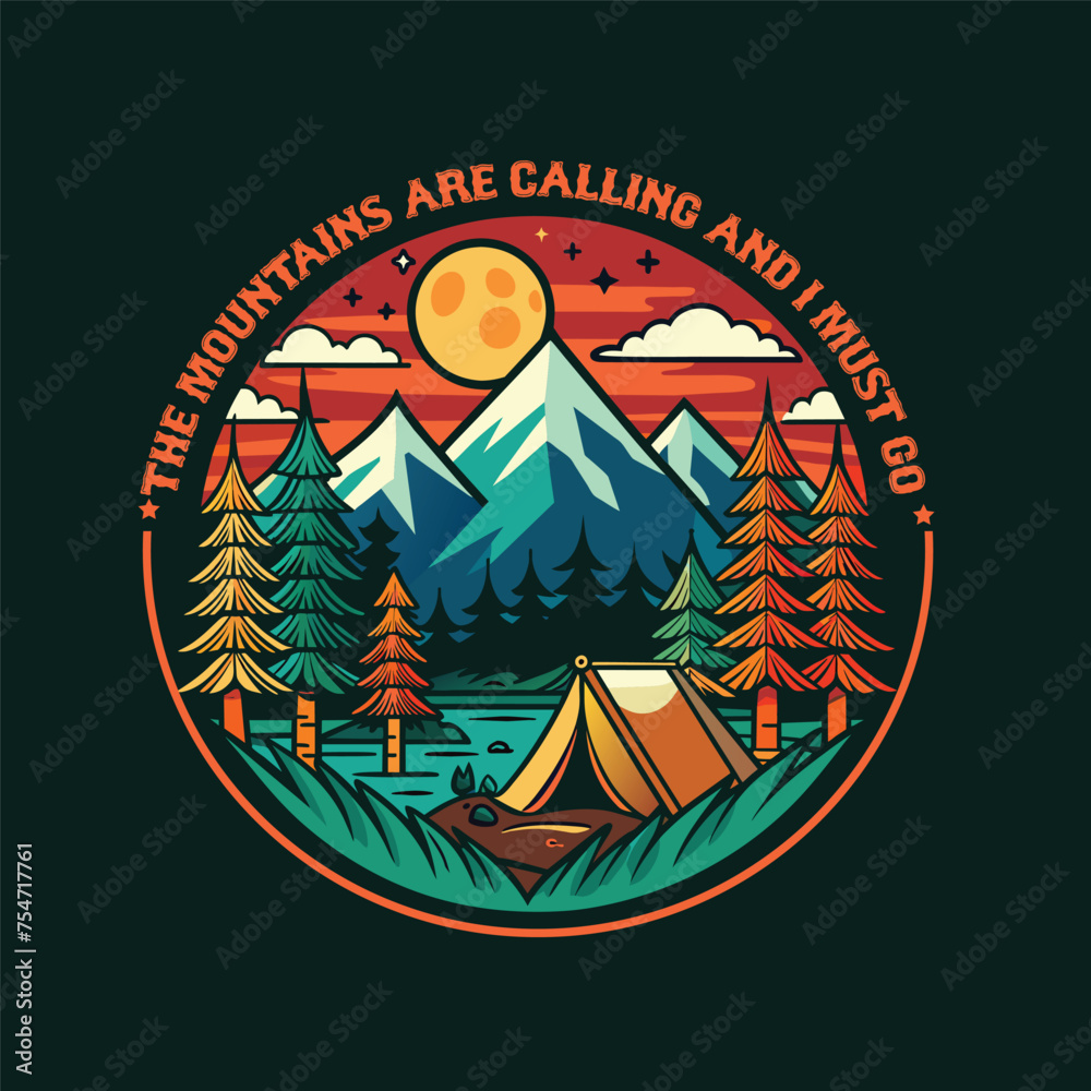 Camping logo, t shirt design with a tent, mountains and forest. Vector illustration.