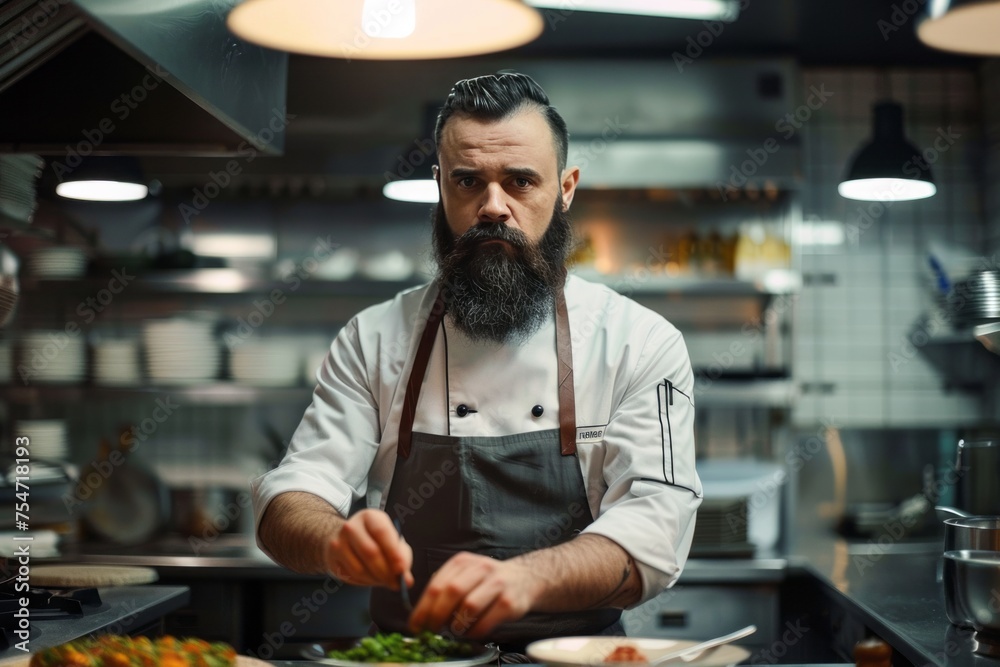 Focused male chef prepares food with precision in commercial kitchen surrounded by utensils Focused male chef prepares food with precision in commercial kitchen surrounded by utensils