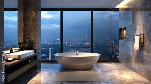 Luxury bathroom interior with bathtub and panoramic window