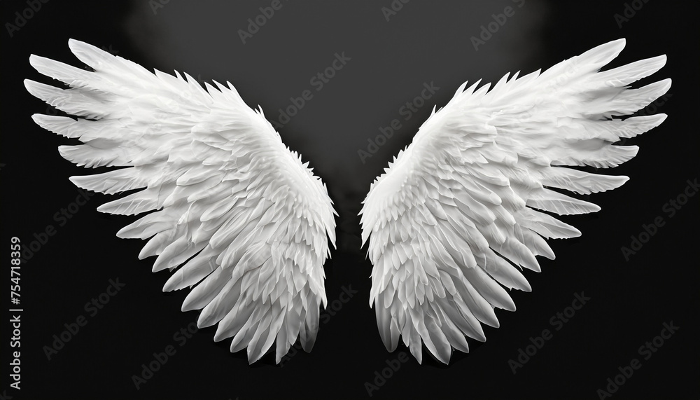 Fototapeta premium Isolated white angel wing black background realistic art in high resolution work