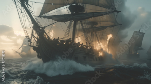 A wooden frigate slices through the waves, its stern engulfed in flames, as it engages in a naval battle during a misty golden hour.